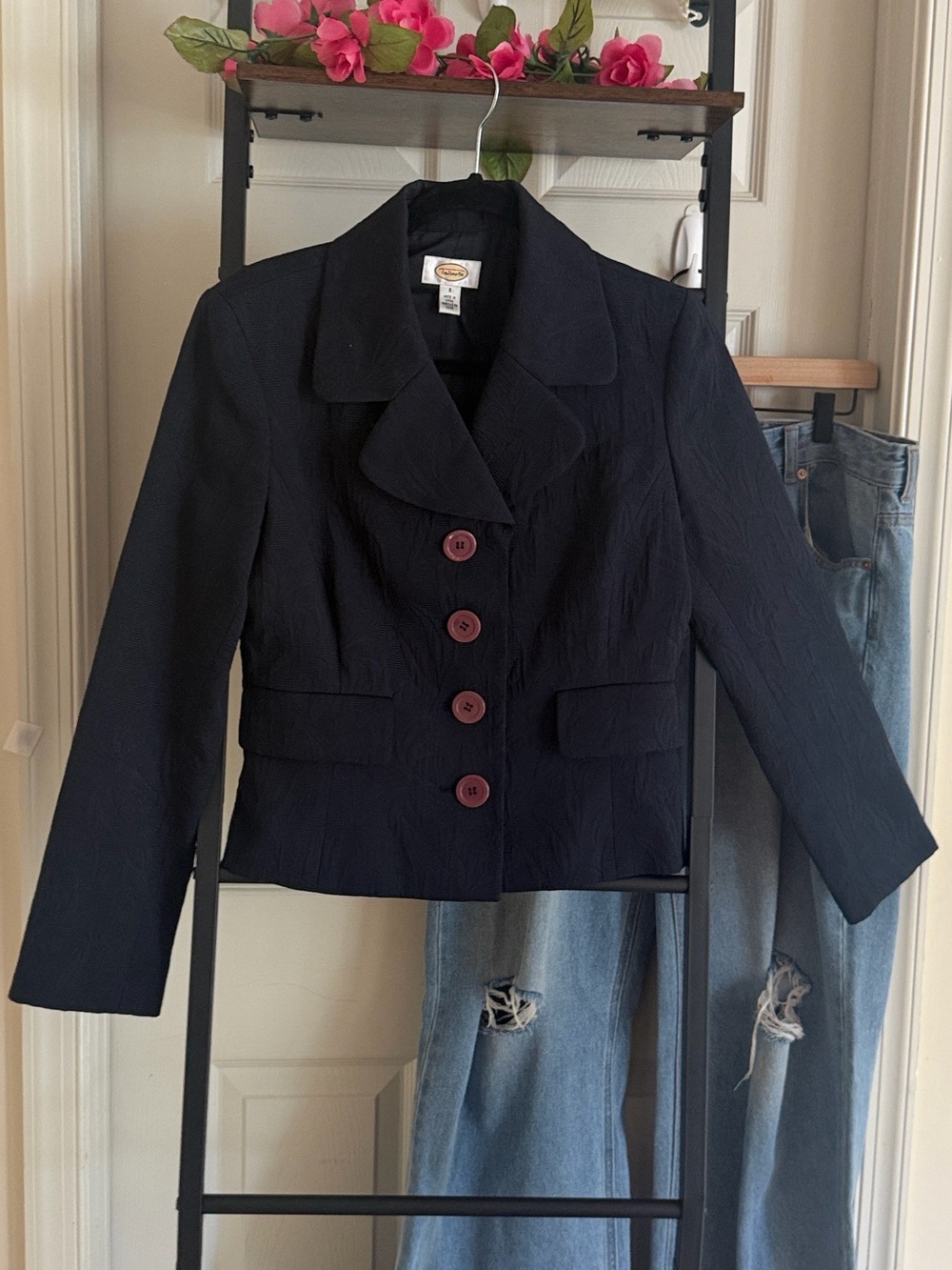 Talbots Navy Blue Cropped Structured Blazer with Burgundy Buttons - Picture 6 of 16